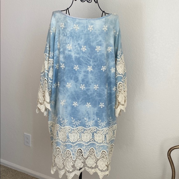 Boho Embroidered Lace-Trim Dress in Light Blue Tie-Dye - Picture 7 of 8